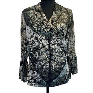 Melanie Lyne Olive green ivory black multicoloured abstract wrap blouse Sz S